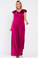 Load image into Gallery viewer, Plus Sleeveless Satin Ruffle Shoulder Detail V-neck Wide Leg Jumpsuit