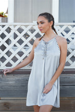 Load image into Gallery viewer, Silver Dust Satin Front Lace Up Grommet Studded Mini Dress
