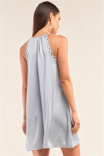 Load image into Gallery viewer, Silver Dust Satin Front Lace Up Grommet Studded Mini Dress