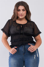 Load image into Gallery viewer, Plus Short Sleeve U-neck With Self-tie Detail Frill Smocked Sheer Top