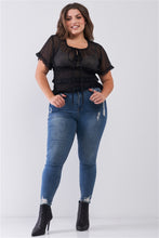 Load image into Gallery viewer, Plus Short Sleeve U-neck With Self-tie Detail Frill Smocked Sheer Top