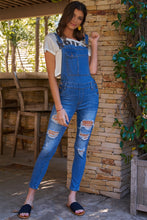 Load image into Gallery viewer, Mid-blue Wash Ripped Sleeveless Square Neck Front Pocket Skinny Denim Overall