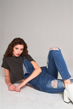 Load image into Gallery viewer, Mid-blue Wash Ripped Sleeveless Square Neck Front Pocket Skinny Denim Overall