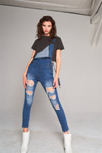 Load image into Gallery viewer, Mid-blue Wash Ripped Sleeveless Square Neck Front Pocket Skinny Denim Overall
