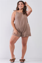 Load image into Gallery viewer, Plus Taupe Square Neck Sleeveless Self-tie Shoulders Drawstrings Front And Side Pockets Cuffed Romper