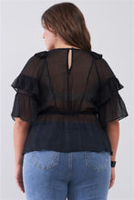 Load image into Gallery viewer, Plus Sheer Mesh Ruffle Lace-up V-neck Detail Wide Sleeve Relaxed Top
