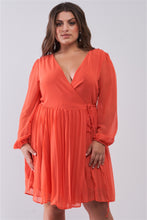 Load image into Gallery viewer, Plus Wrap Deep V-neck Long Puff Sleeve With Elasticated Cuff Pleated Mini Dress