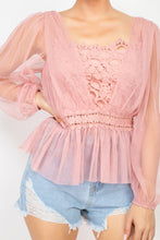 Load image into Gallery viewer, Sheer Mesh Crochet Peplum Top