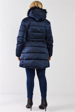 Load image into Gallery viewer, Plus Glossy Long Fitted Vegan Fur Hood Detail Winter Puffer Jacket