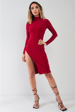 Load image into Gallery viewer, Passion Red Turtle Neck Long Sleeve Super Deep Side Slit With Tie Detail Midi Dress