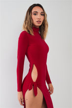 Load image into Gallery viewer, Passion Red Turtle Neck Long Sleeve Super Deep Side Slit With Tie Detail Midi Dress
