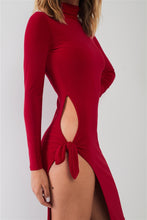 Load image into Gallery viewer, Passion Red Turtle Neck Long Sleeve Super Deep Side Slit With Tie Detail Midi Dress