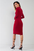 Load image into Gallery viewer, Passion Red Turtle Neck Long Sleeve Super Deep Side Slit With Tie Detail Midi Dress
