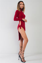 Load image into Gallery viewer, Passion Red Turtle Neck Long Sleeve Super Deep Side Slit With Tie Detail Midi Dress