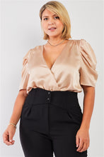 Load image into Gallery viewer, Plus Champagne Satin Plunging Neck Lantern Short Sleeve Bodysuit