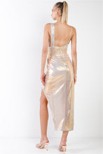 Load image into Gallery viewer, Gold Iridescent V-neck Wrap Gathered Deep Side Slit Different Straps Maxi Dress