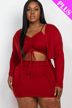 Load image into Gallery viewer, Plus Size Ruched Drawstring Cami Top & Skirt Set With Cardigan