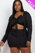 Load image into Gallery viewer, Plus Size Ruched Drawstring Cami Top & Skirt Set With Cardigan