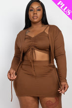 Load image into Gallery viewer, Plus Size Ruched Drawstring Cami Top & Skirt Set With Cardigan