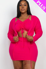 Load image into Gallery viewer, Plus Size Ruched Drawstring Cami Top & Skirt Set With Cardigan