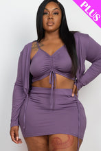 Load image into Gallery viewer, Plus Size Ruched Drawstring Cami Top & Skirt Set With Cardigan
