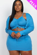 Load image into Gallery viewer, Plus Size Ruched Drawstring Cami Top & Skirt Set With Cardigan