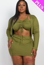 Load image into Gallery viewer, Plus Size Ruched Drawstring Cami Top & Skirt Set With Cardigan