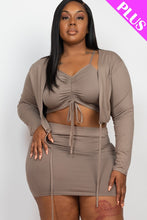 Load image into Gallery viewer, Plus Size Ruched Drawstring Cami Top & Skirt Set With Cardigan