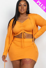 Load image into Gallery viewer, Plus Size Ruched Drawstring Cami Top & Skirt Set With Cardigan