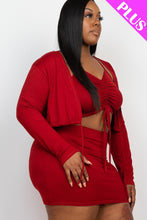 Load image into Gallery viewer, Plus Size Ruched Drawstring Cami Top & Skirt Set With Cardigan