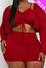 Load image into Gallery viewer, Plus Size Ruched Drawstring Cami Top & Skirt Set With Cardigan