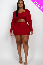 Load image into Gallery viewer, Plus Size Ruched Drawstring Cami Top & Skirt Set With Cardigan