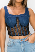 Load image into Gallery viewer, Floral Lace And Denim Crop Top