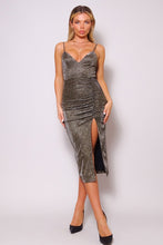 Load image into Gallery viewer, Glitter Spaghetti Strap Side Ruched Glitter Midi Dress