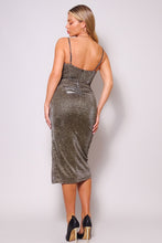 Load image into Gallery viewer, Glitter Spaghetti Strap Side Ruched Glitter Midi Dress
