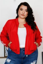 Load image into Gallery viewer, Plus Size Red & White Retro Le Mans Stripe Trim Sporty Windbreaker Bomber Jacket