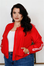 Load image into Gallery viewer, Plus Size Red & White Retro Le Mans Stripe Trim Sporty Windbreaker Bomber Jacket