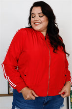 Load image into Gallery viewer, Plus Size Red & White Retro Le Mans Stripe Trim Sporty Windbreaker Bomber Jacket
