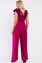 Load image into Gallery viewer, Plus Sleeveless Satin Ruffle Shoulder Detail V-neck Wide Leg Jumpsuit
