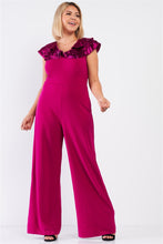 Load image into Gallery viewer, Plus Sleeveless Satin Ruffle Shoulder Detail V-neck Wide Leg Jumpsuit
