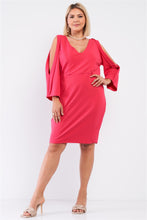 Load image into Gallery viewer, Plus Coral Pink Plunging V-neck Long Slit Sleeve Detail Mini Dress
