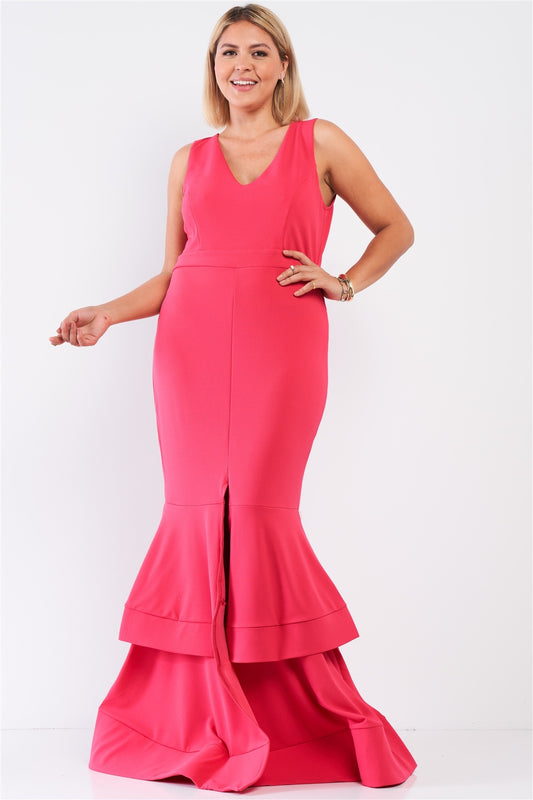 Plus Sleeveless V-neck Front Slip Layered Flare Hem Maxi Mermaid Dress