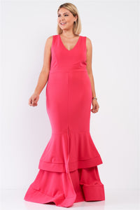 Plus Sleeveless V-neck Front Slip Layered Flare Hem Maxi Mermaid Dress