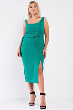 Load image into Gallery viewer, Plus Sleeveless Asymmetrical Shoulder Front Slit Detail Belted Dress
