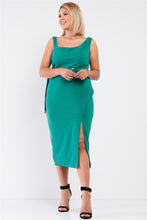 Load image into Gallery viewer, Plus Sleeveless Asymmetrical Shoulder Front Slit Detail Belted Dress
