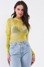 Load image into Gallery viewer, Neon Green Sexy Sheer Mesh Long Sleeve Mock Neck Bodysuit
