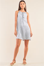 Load image into Gallery viewer, Silver Dust Satin Front Lace Up Grommet Studded Mini Dress
