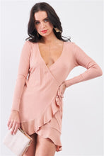 Load image into Gallery viewer, Tan Blush Ribbed Deep Plunge V-neck Asymmetrical Wrap Flare Hem Dress
