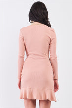 Load image into Gallery viewer, Tan Blush Ribbed Deep Plunge V-neck Asymmetrical Wrap Flare Hem Dress
