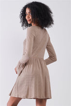 Load image into Gallery viewer, Taupe Horizontal Stripped Embroidery Detail Long Sleeve With Flare Hem Mini Dress
